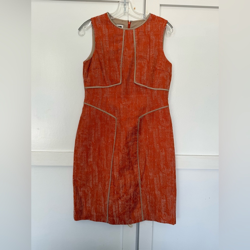 ❌❌SOLD❌❌Sleeveless Orange Beige Tweed Sheath Professional MIDI Knee Length Dress